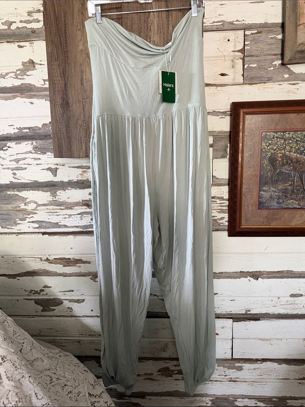 HALARA Sage Green Strapless Wide-Leg Jumpsuit